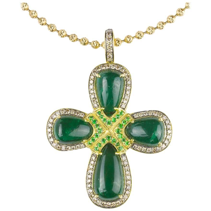 Emerald Cabochon, Tsavorite Garnet and Colored Diamond Cross Necklace