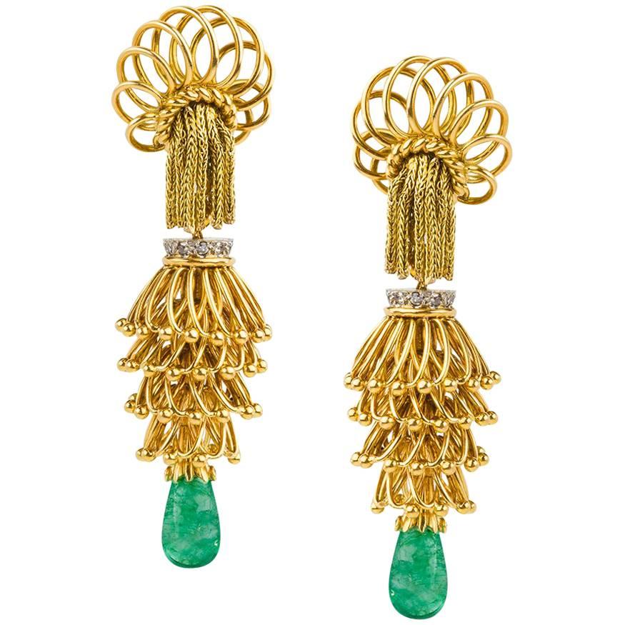 1950s French Emerald Diamond Gold Tassel Earpendants