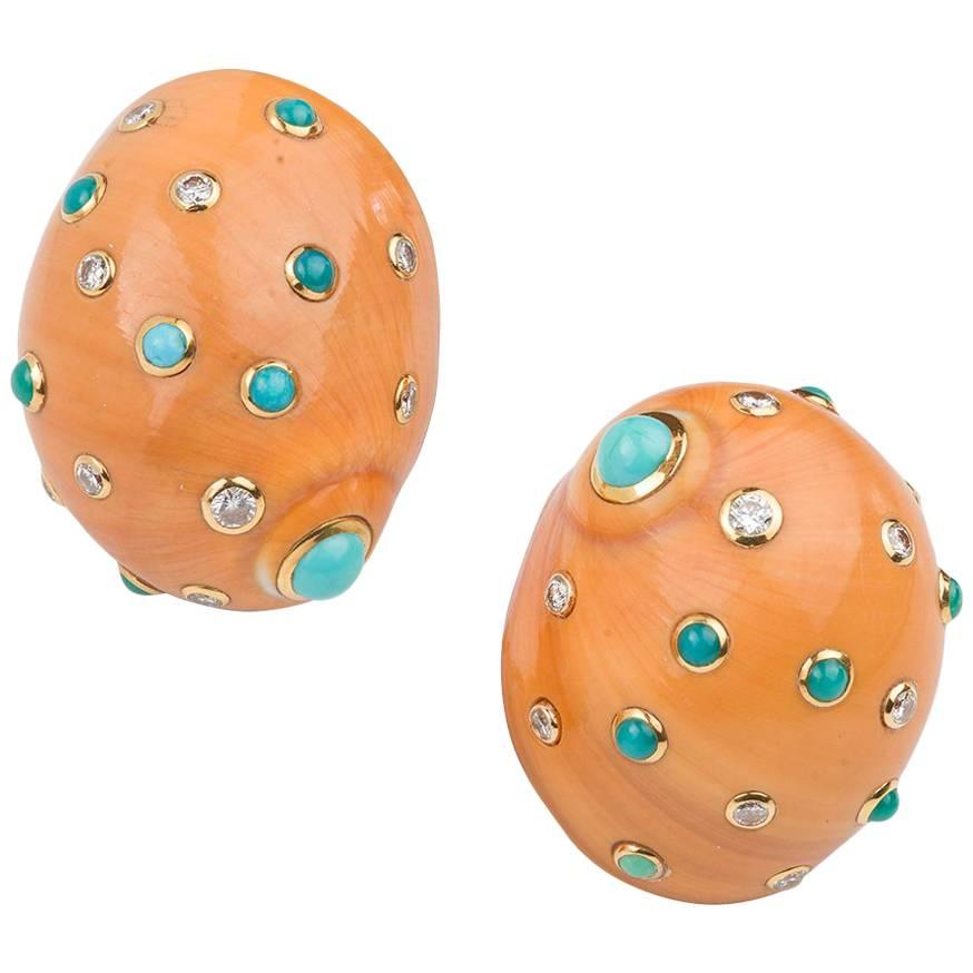 Trianon Diamond Turquoise Shell Earclips