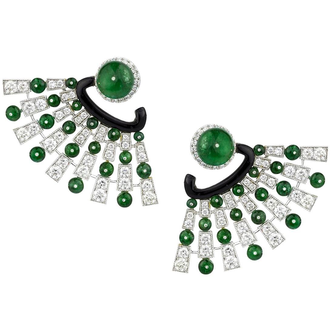 Emerald and Diamond Fringe Earclips by Umrao For Sale