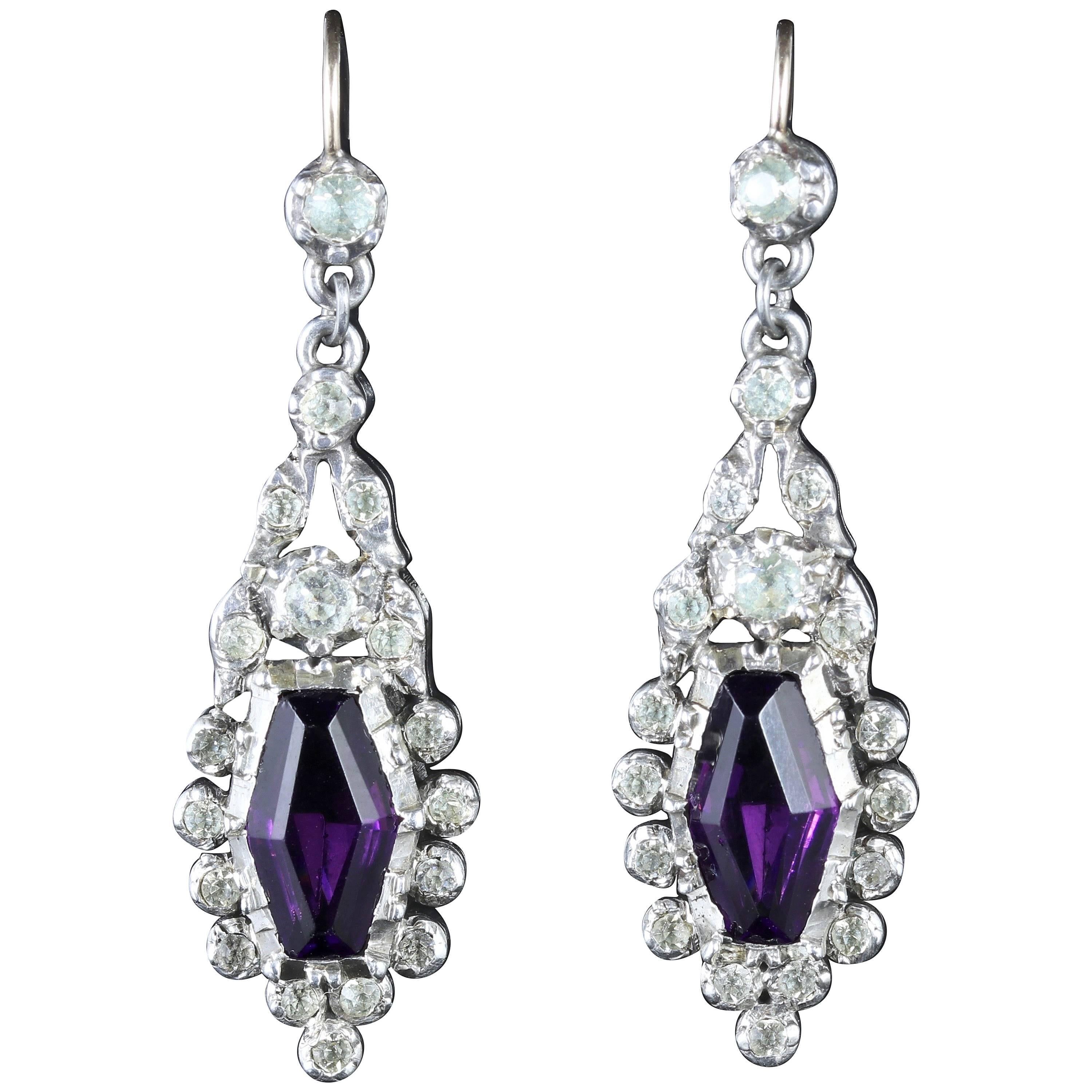 Antique Art Deco Paste Amethyst Silver Gold Earrings, circa 1920 For Sale