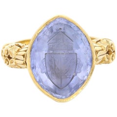 Antique Victorian Ornate Pale Blue Sapphire Gold Bishops Ring