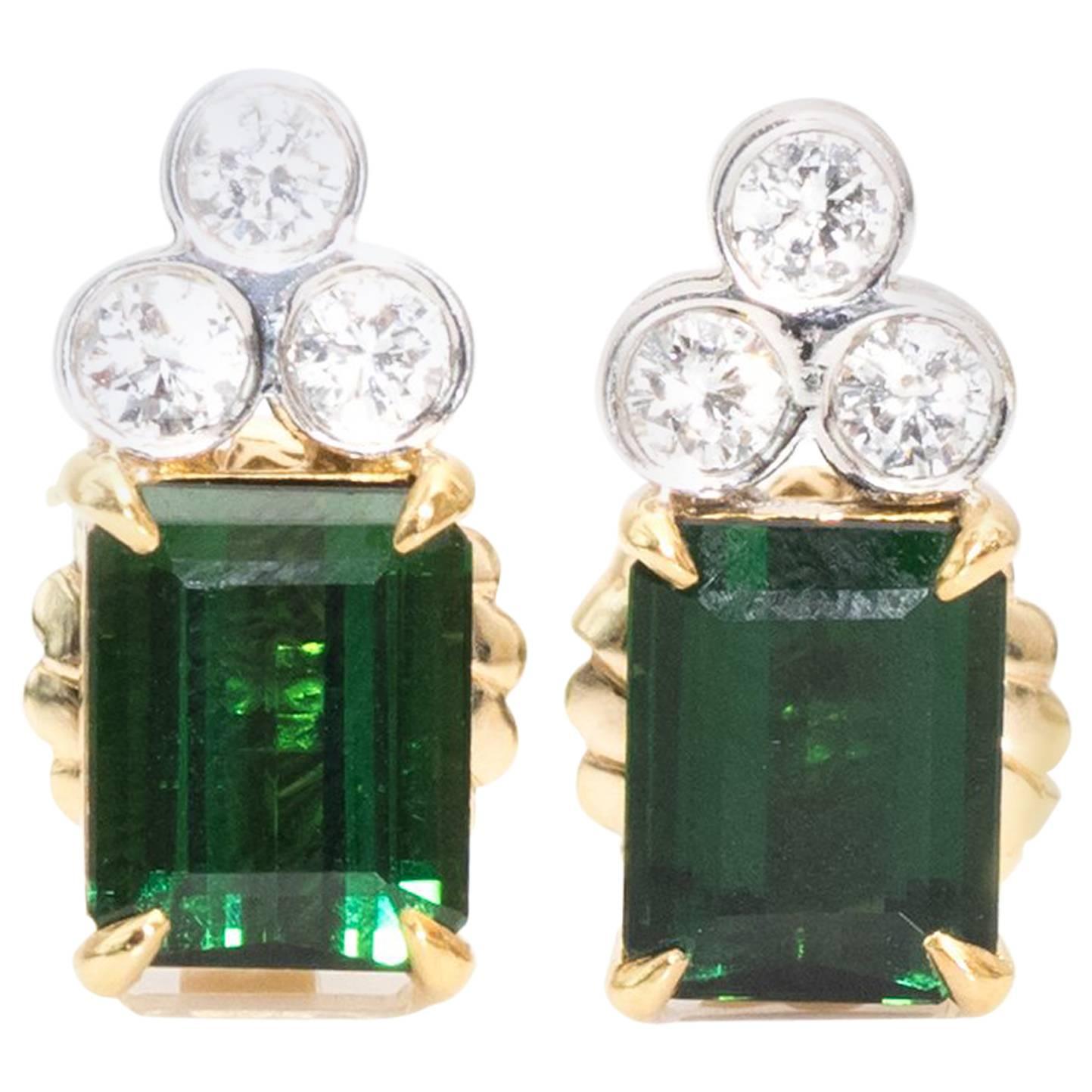 1980s Green Tourmaline and Diamond Earrings