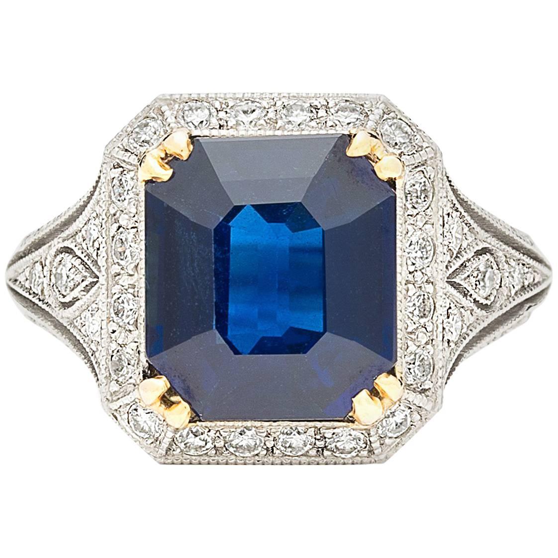 French GIA Report Sapphire Diamond Engagement Ring