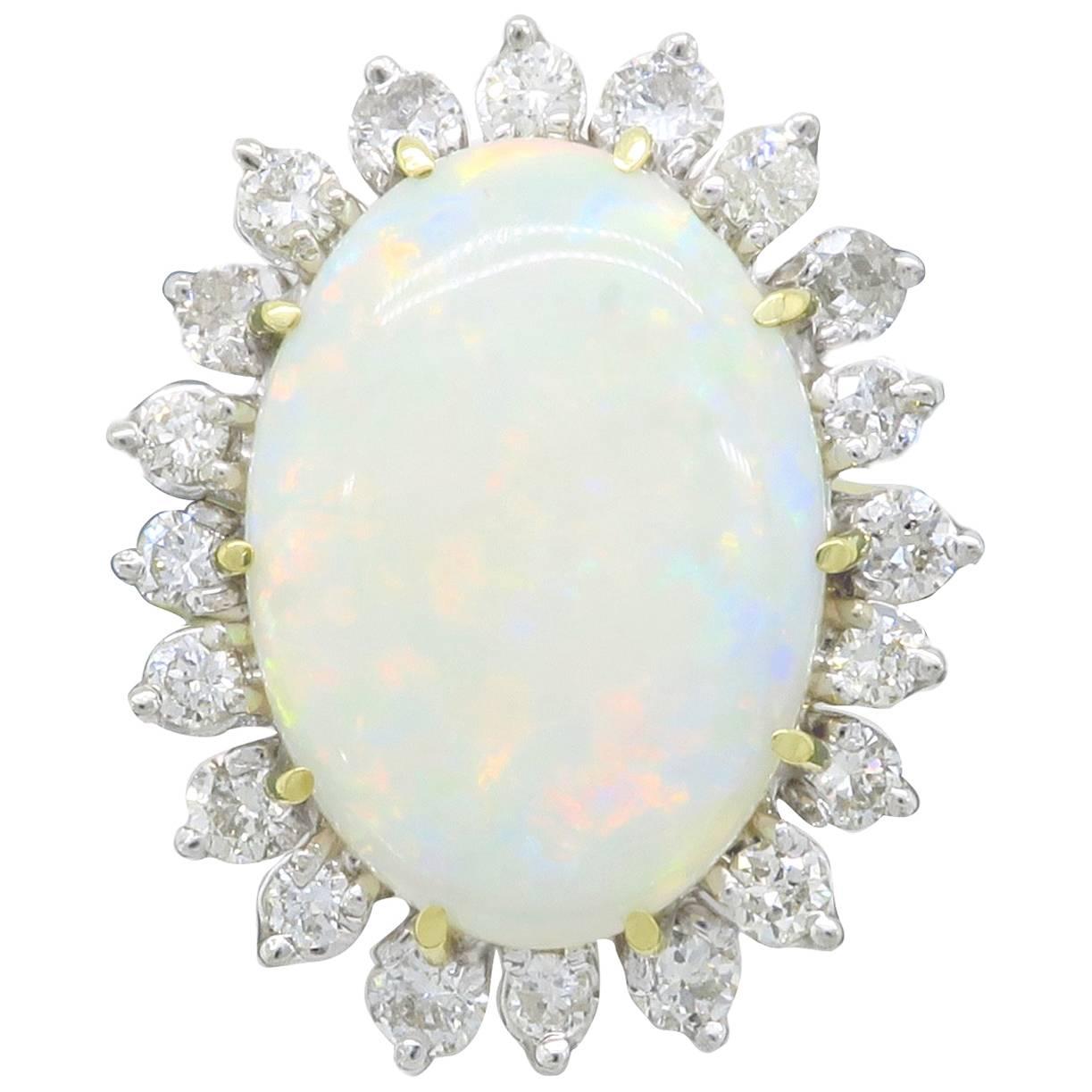 Large Opal Diamond Yellow Gold and White Gold Halo Setting Cocktail Ring