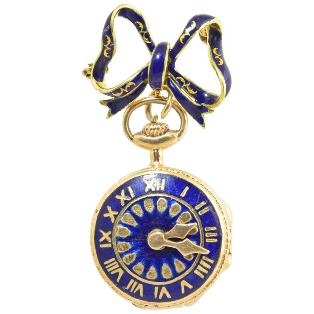 Victorian Revival Watch Theme Blue Enamel and Gold Locket with Bow Brooch