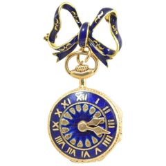 Retro Victorian Revival Watch Theme Blue Enamel and Gold Locket with Bow Brooch