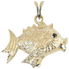 Vintage Diamond Sapphire and Gold Fish Charm Pendant