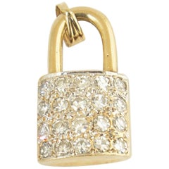 Vintage 1970s Diamond and Gold Lock Charm Pendant