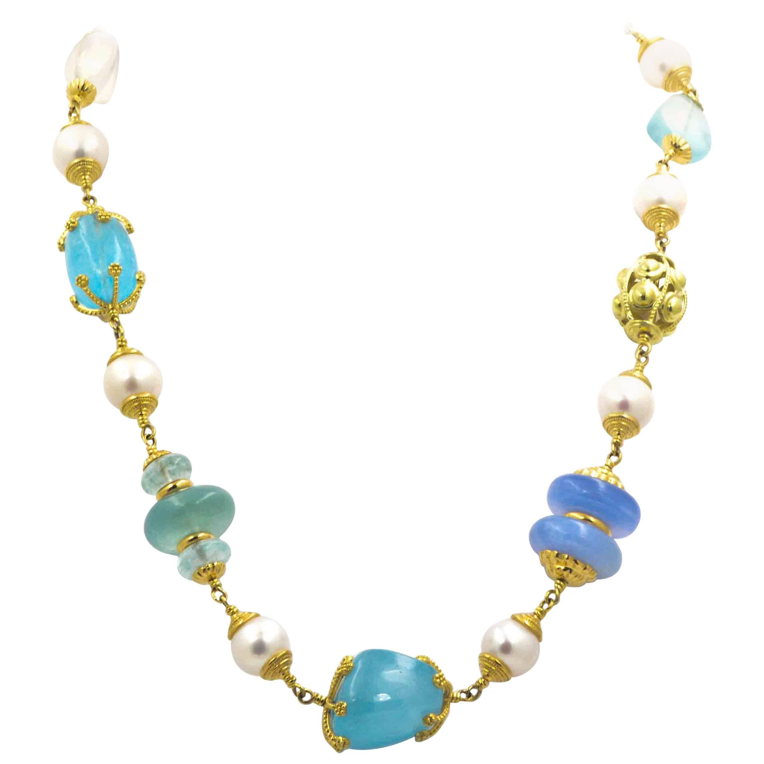 Seaman Schepps Aquamarine Chalcedony Blue Topaz Moon Stone Gold Necklace