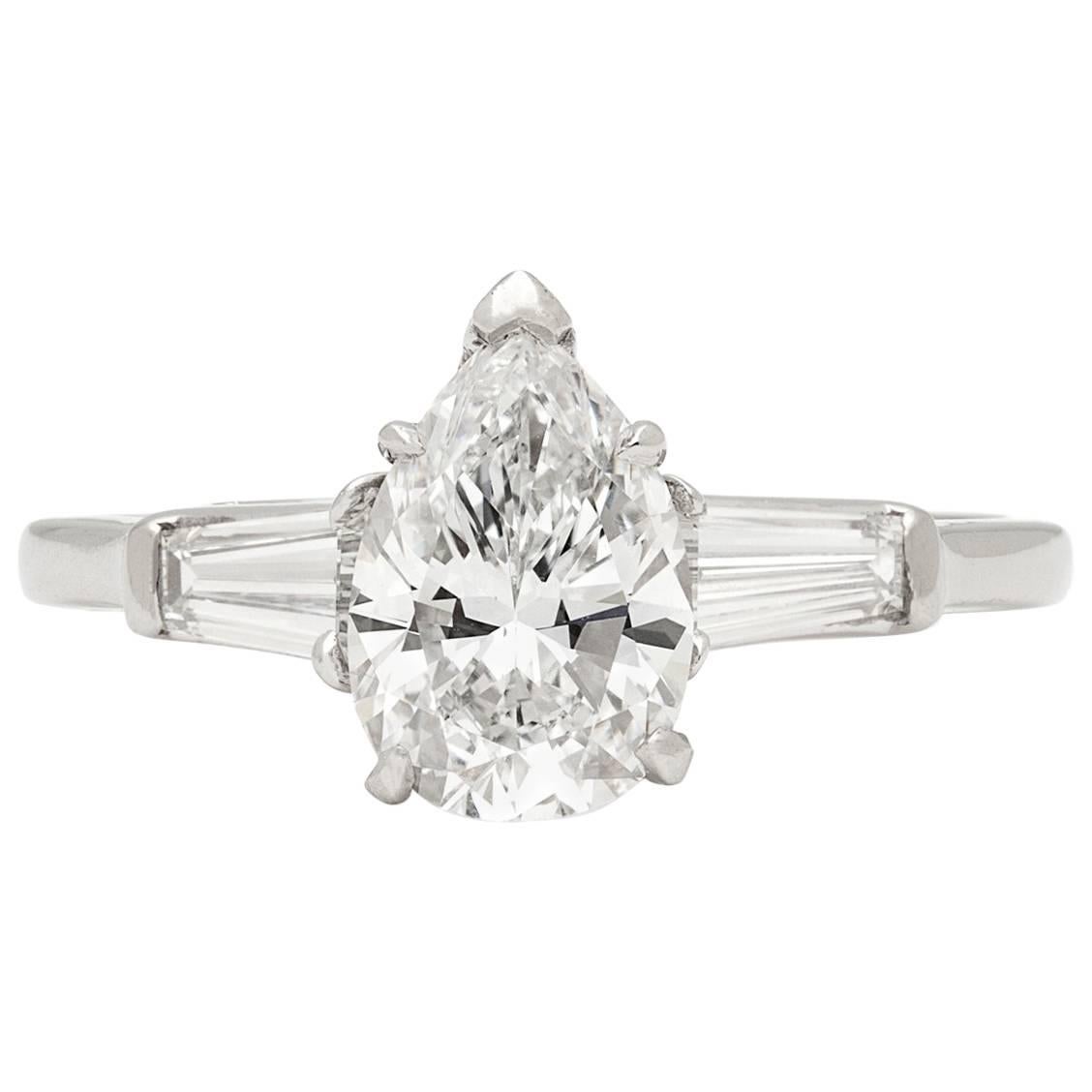Elegant GIA Report 1.38 Carat Pear Shaped Diamond Platinum Engagement Ring