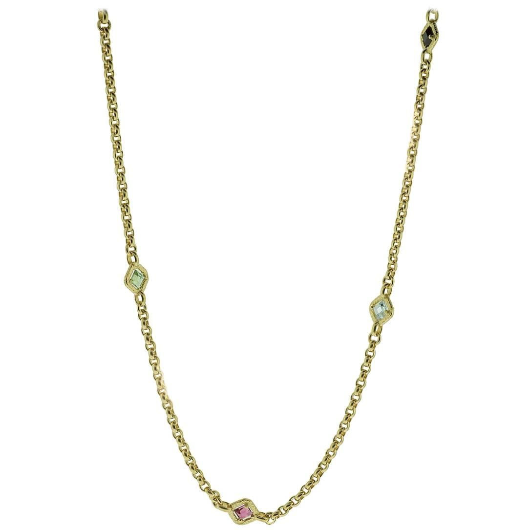 Yellow Gold Multi Gem Chain Necklace For Sale