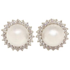 Diamond Halo Mabe Pearl Pierced Earrings