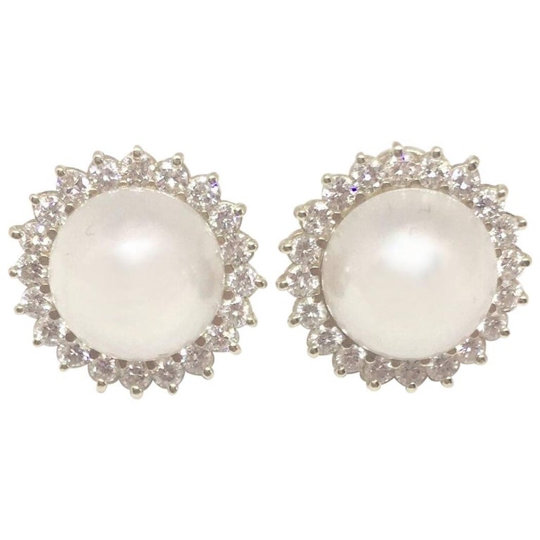 Diamond Halo Mabe Pearl Pierced Earrings at 1stDibs