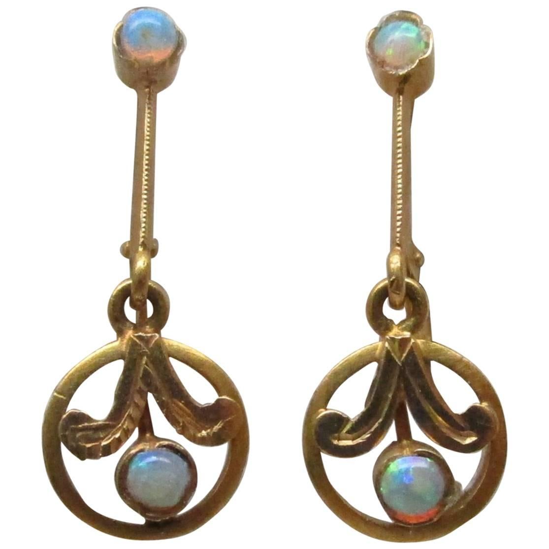 Edwardian Opal Gold Dangle Earrings
