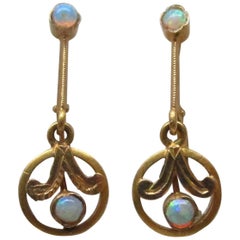Antique Edwardian Opal Gold Dangle Earrings