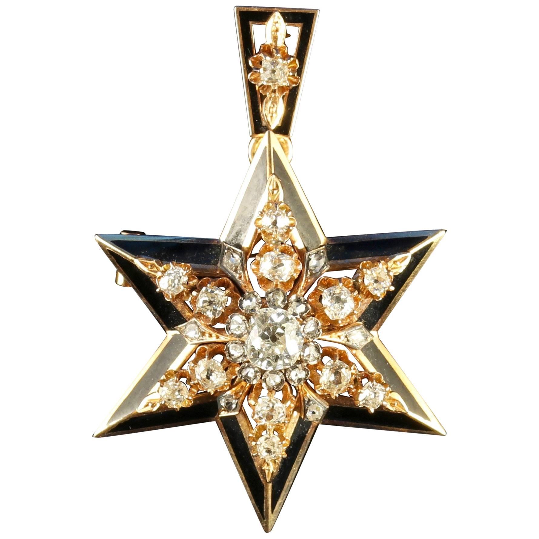 Antique Victorian Diamond Star Pendant Brooch Original Box, circa 1900