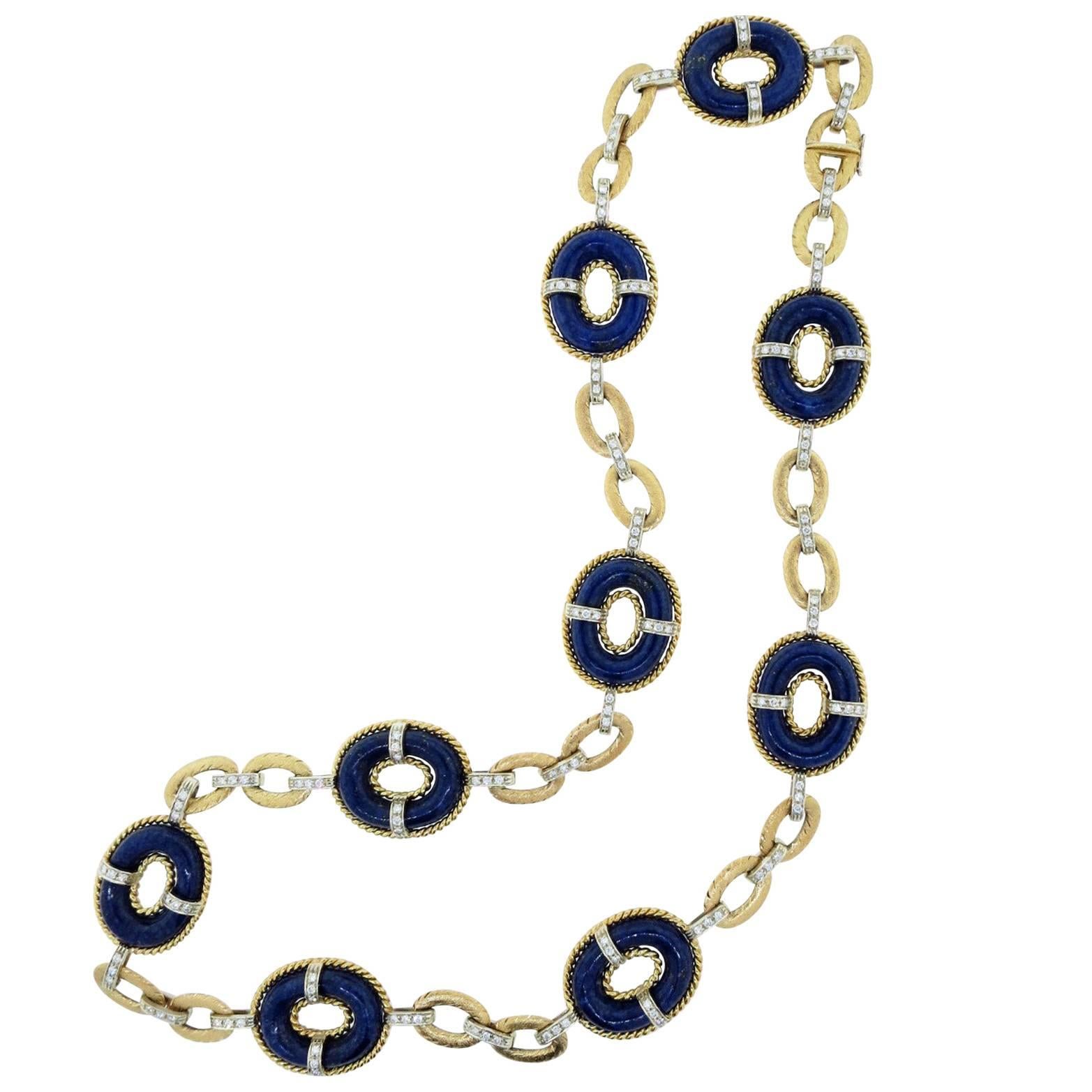 1960 Era Lapis Lazuli Diamond Gold Long Necklace