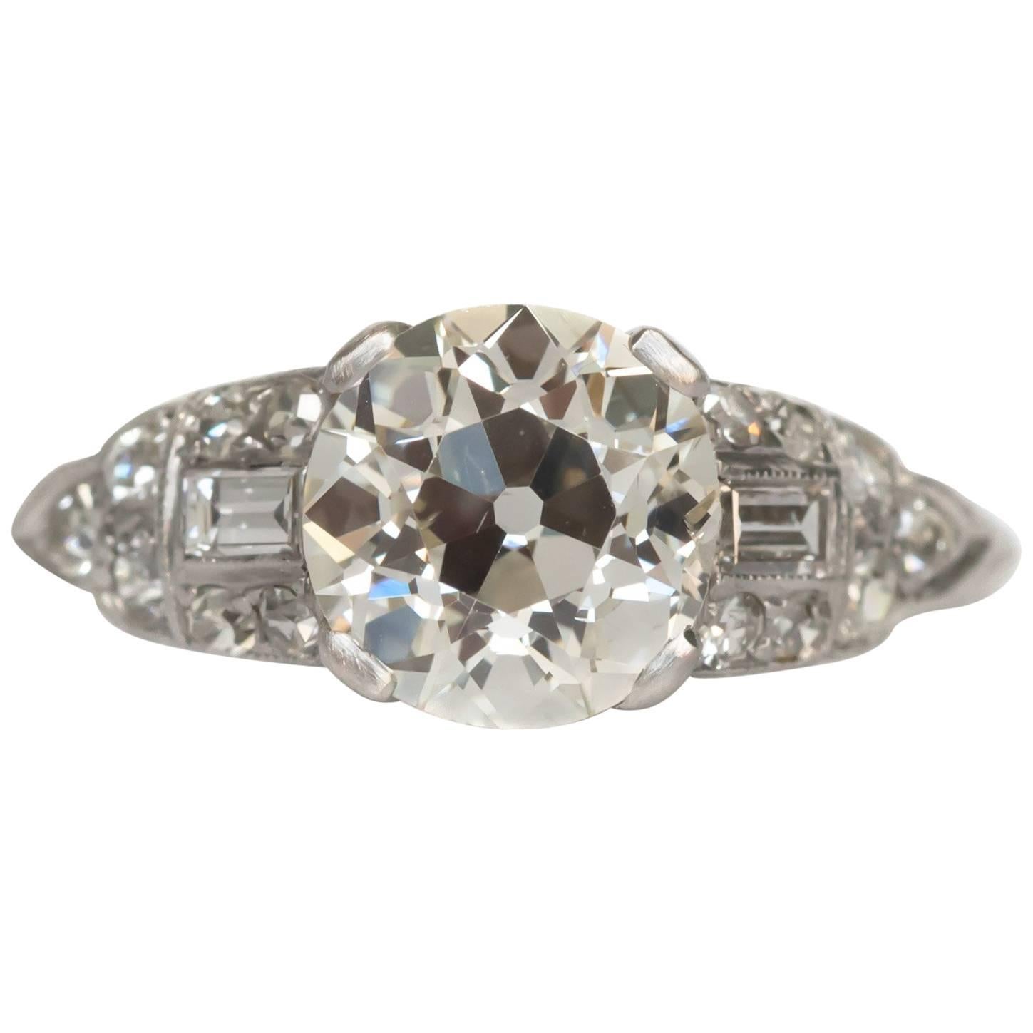 1920 Art Deco 1.76 Carat Old European Brilliant Diamond Platinum Engagement Ring