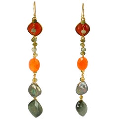 Natural Cats Eye and Chalcedony Gold Earrings