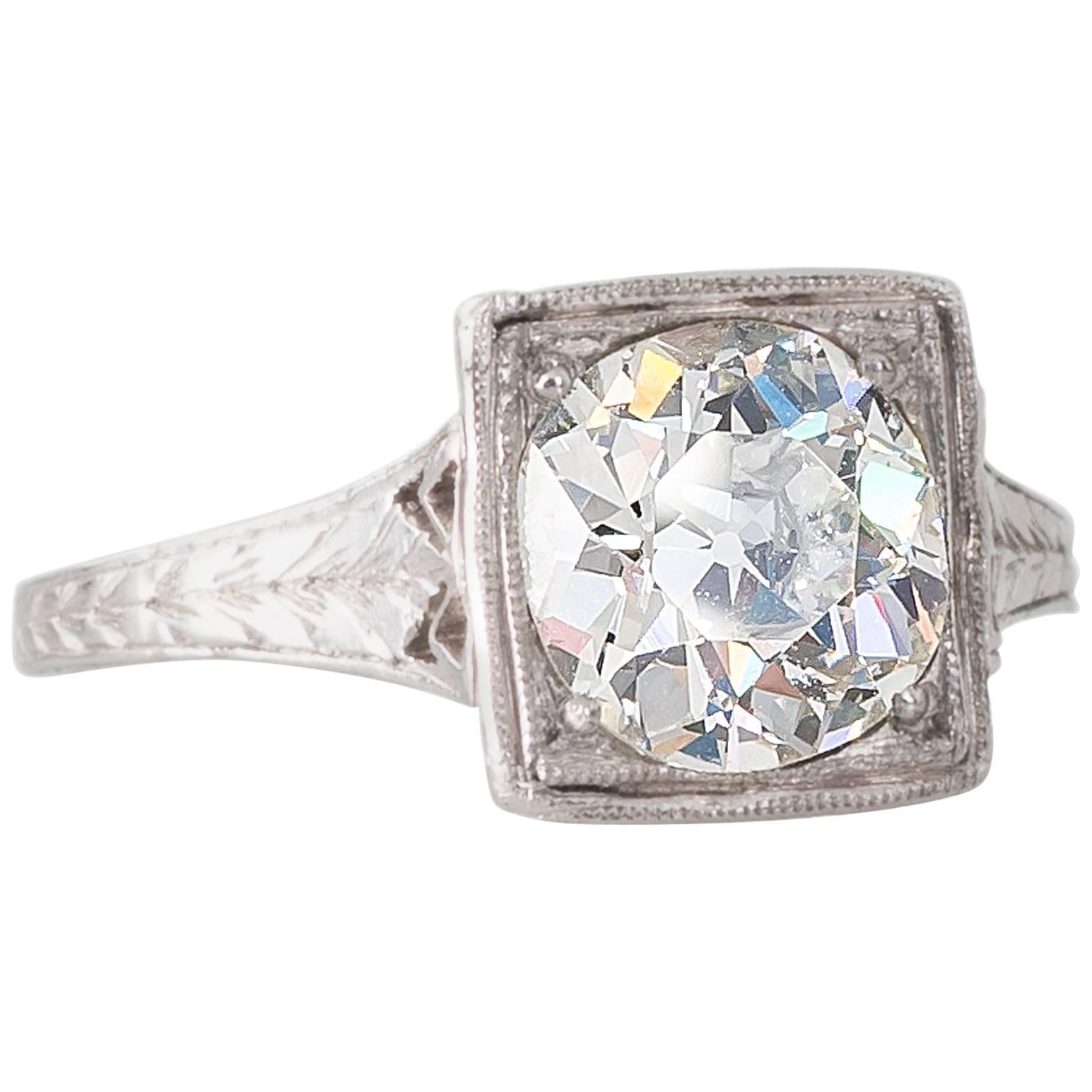 Art Deco 1.46 Carat Old Cut Diamond Platinum Engagement Ring For Sale