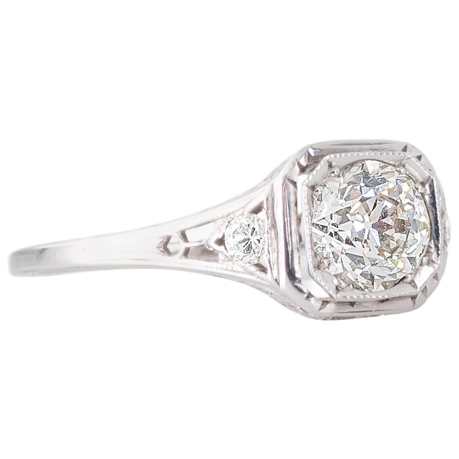 Art Deco 1.02 Carat Old Cut Diamond and Platinum Solitaire Ring For Sale