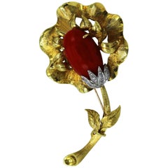 Italian Coral, Diamond and Gold Brooch 5