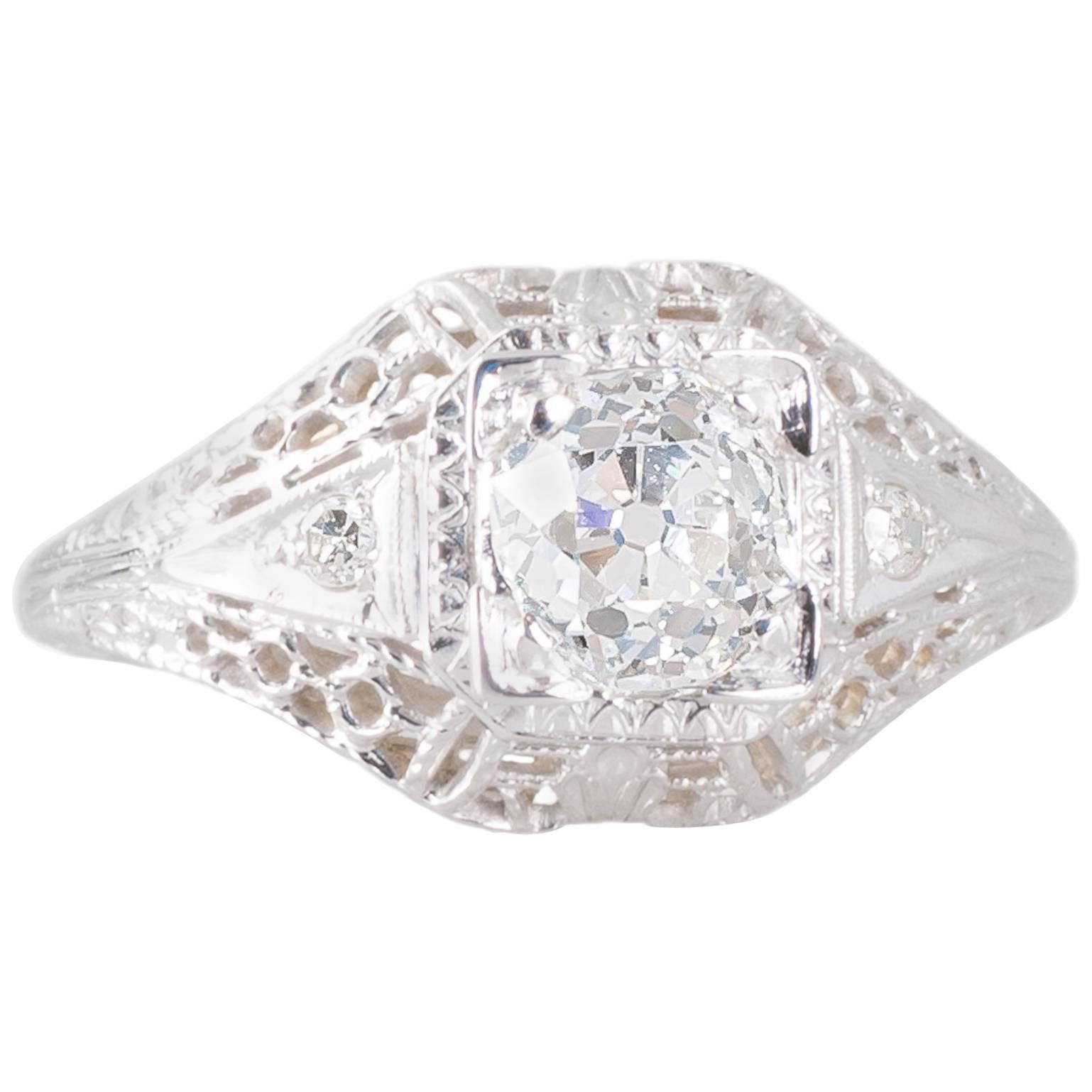 Antique Old European Cut Diamond and White Gold Filigree Solitaire Ring For Sale