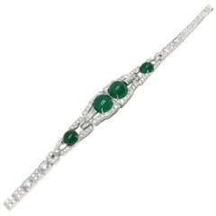 Art Deco Style Zambia Emerald Cabochon Diamond Bracelet with GIA cert