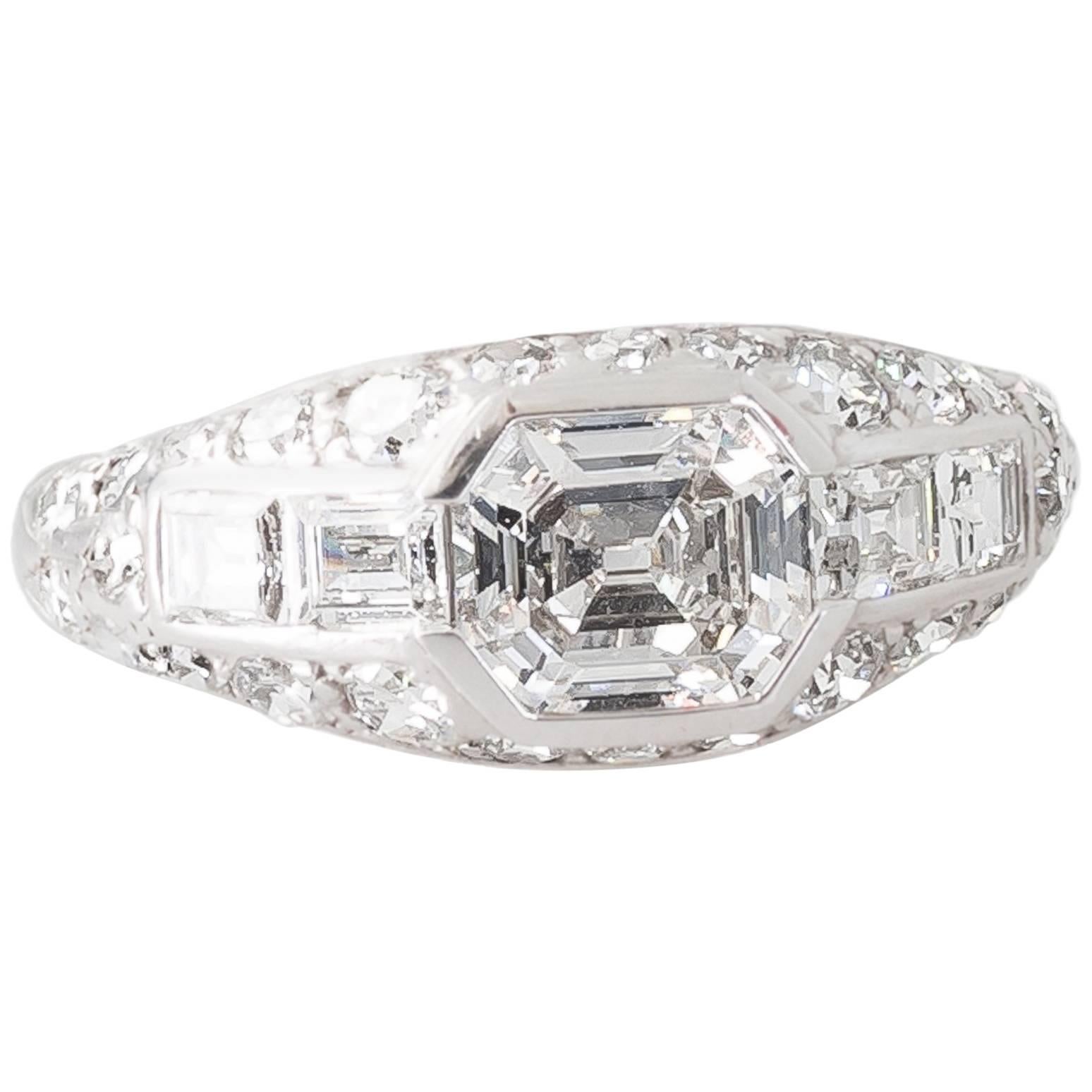 Art Deco 1.10 Carat Old Emerald Cut Diamond and Platinum Ring