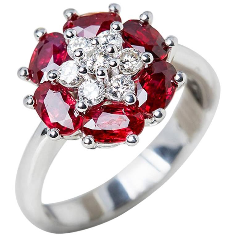 Candame 18 Karat White Gold Ruby Diamond Floral Design Cocktail Ring