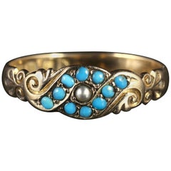 Antique Victorian Turquoise Pearl Ring Dated 1901, 18 Carat Gold