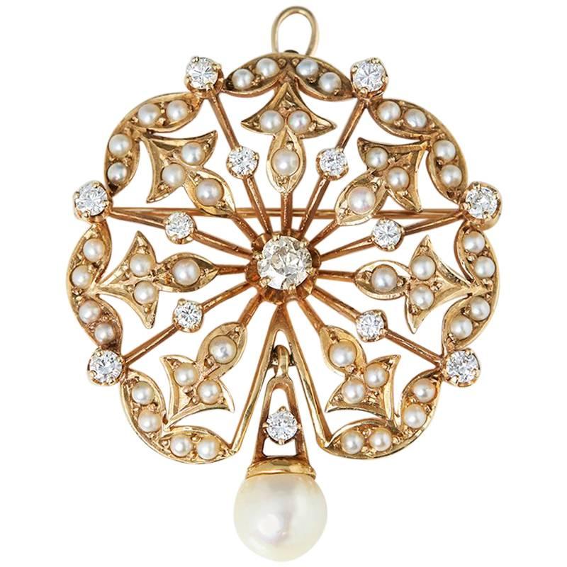 Vintage K. Goldschmidt 14 Karat Yellow Gold Pearl Diamond Spray Brooch