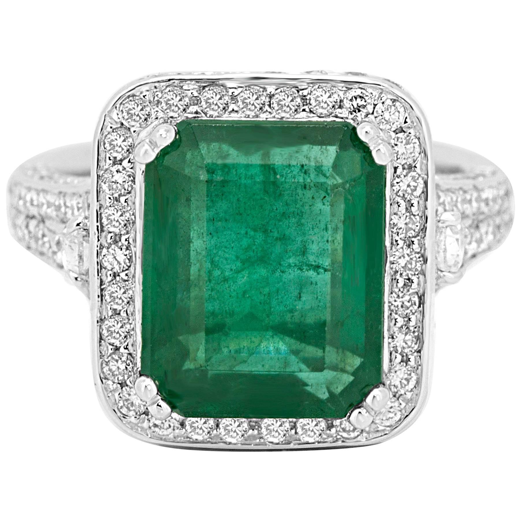 GIA Certified Minor 6.30 Carat Emerald Diamond Halo Gold Bridal Cocktail Ring