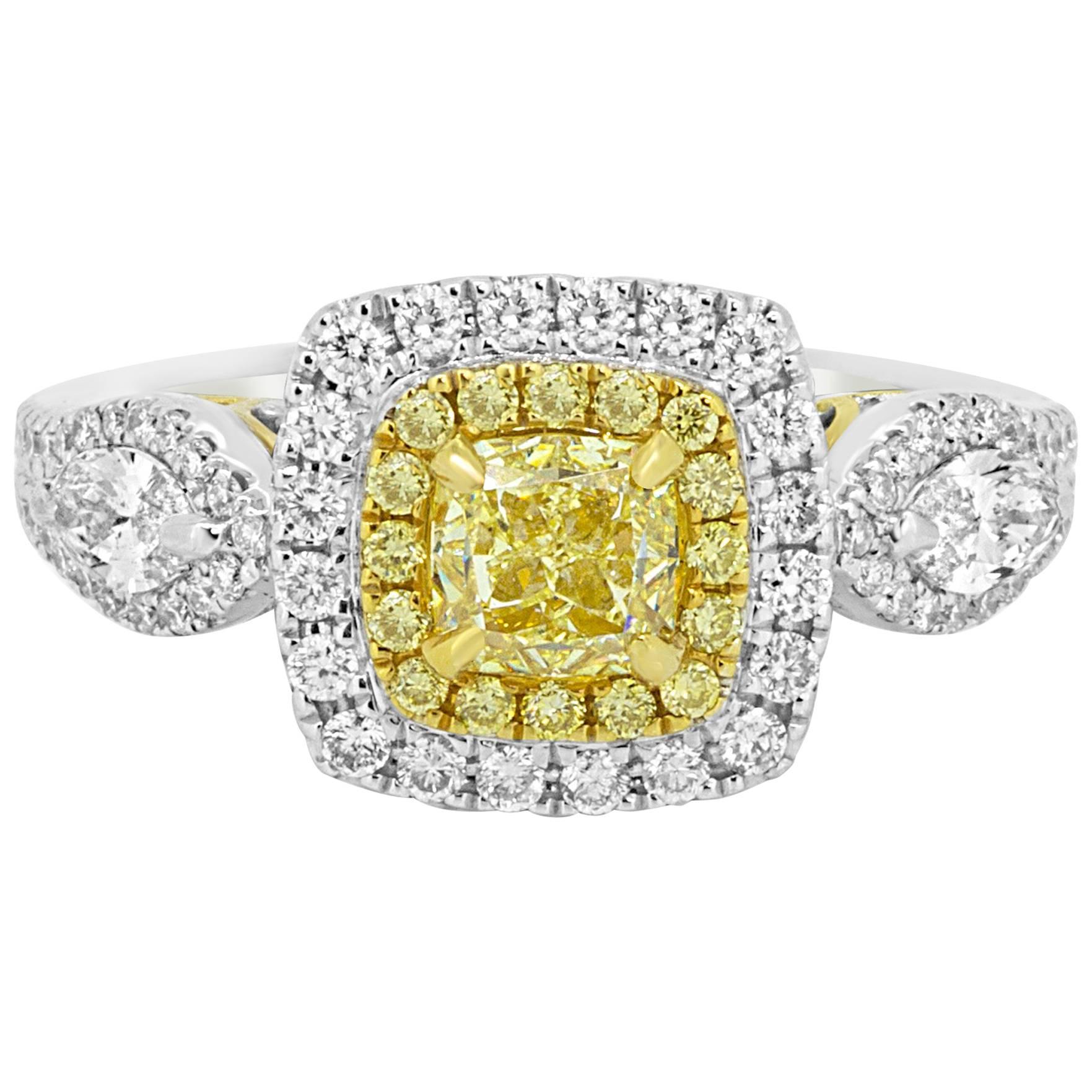 Certified Fancy Intense Yellow VS Diamond Double Halo Two Color Gold Bridal Ring