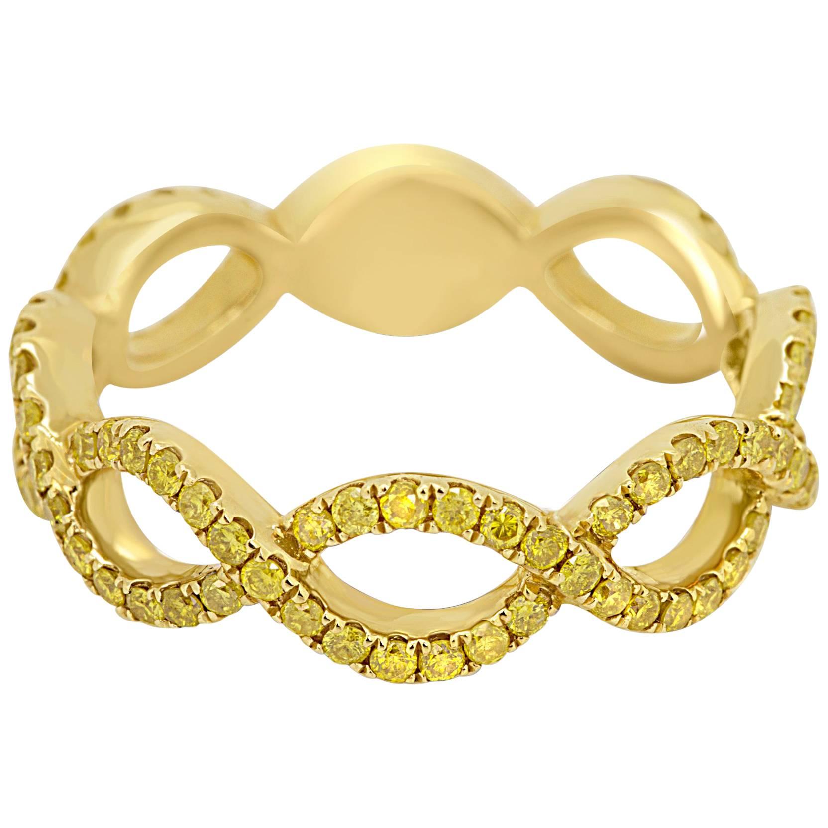 Natural Fancy Yellow Diamond Twist Rope Stackable Gold Band Ring