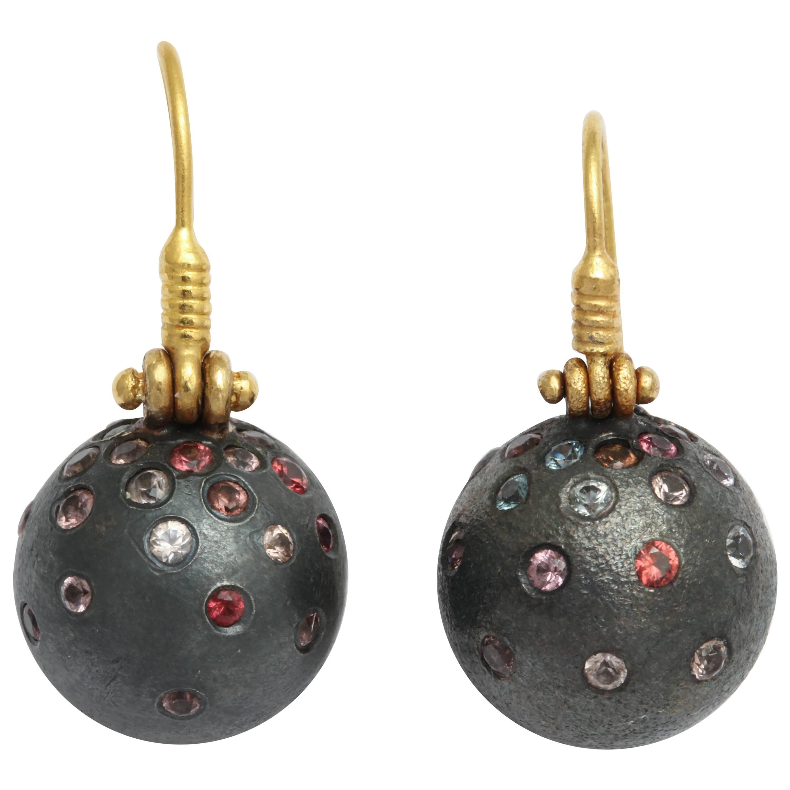 Rhodium Plated Silver Spinel and Gold Earrings For Sale