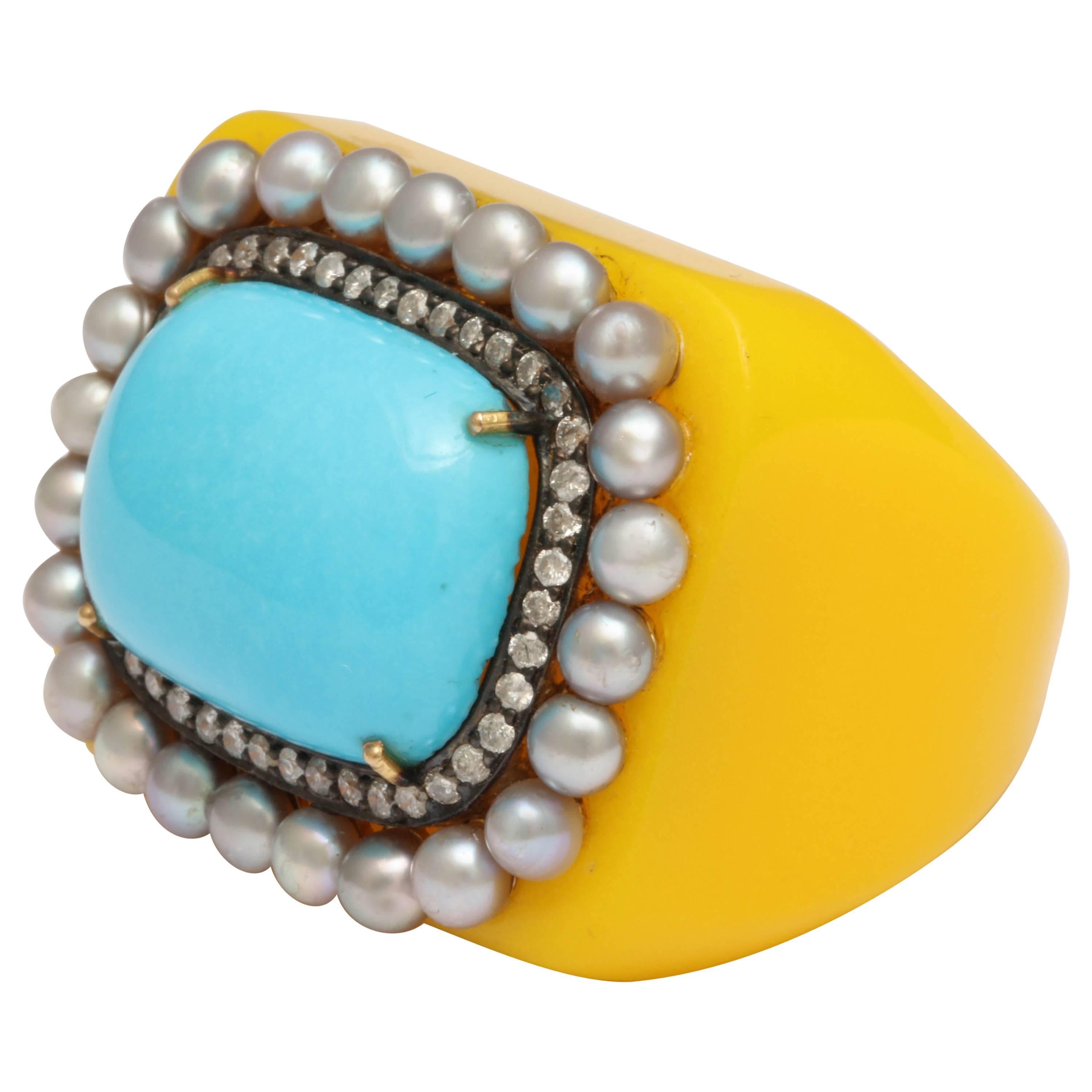 Reconstituted Turquoise Pearl Diamond Sunny Ring For Sale