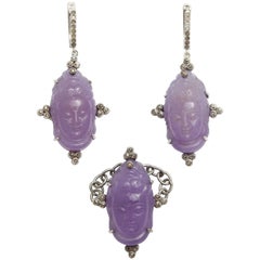 Lavendar Jade Diamond Silver Pendant Earrings and Ring