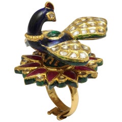Diamond Ruby Emerald Enamel Gold Peacock and Flower Ring