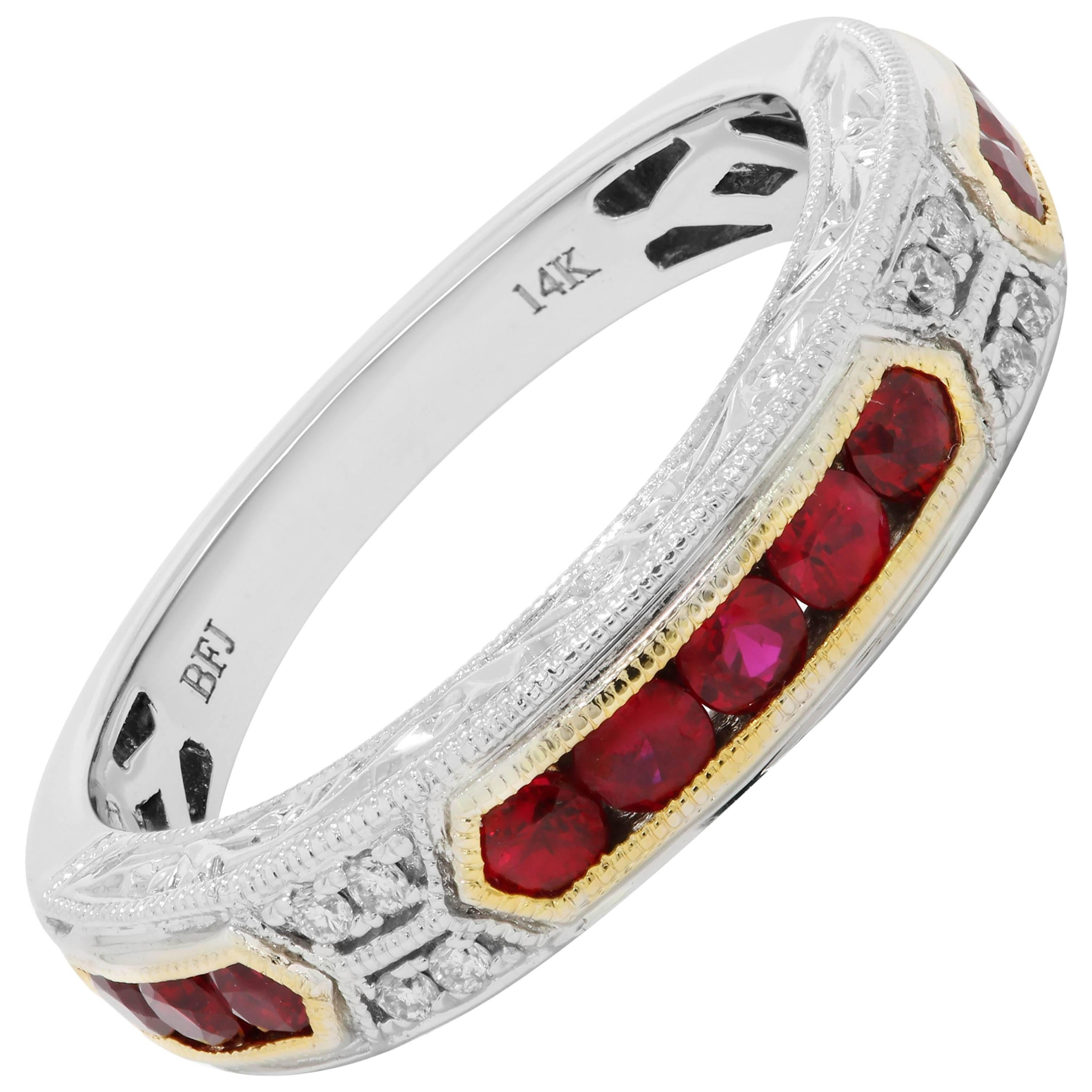 Ruby Round Diamond Engraved Filigree Two Color Gold Band Ring