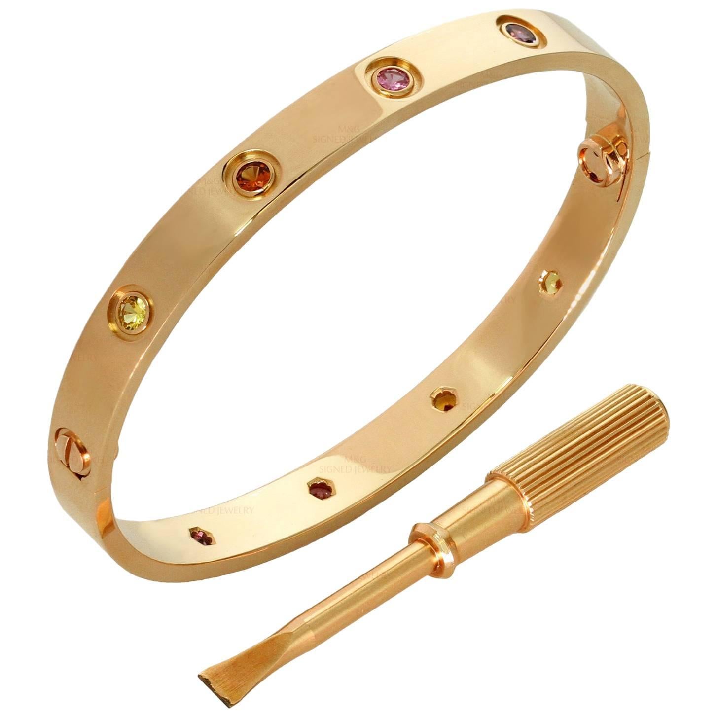 Cartier Love Ten Gemstone Gemstone Rose Gold Bracelet Sz.17 Box Papers, New Mod