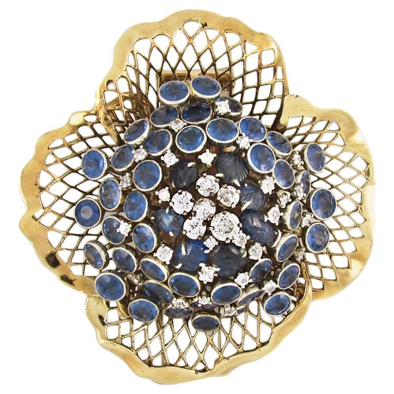 Mid-Century Seaman Schepps Diamond and Sapphire Brooch