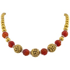 Victorian 1890s Carved Carnelian and Textured Gold Bead Necklace