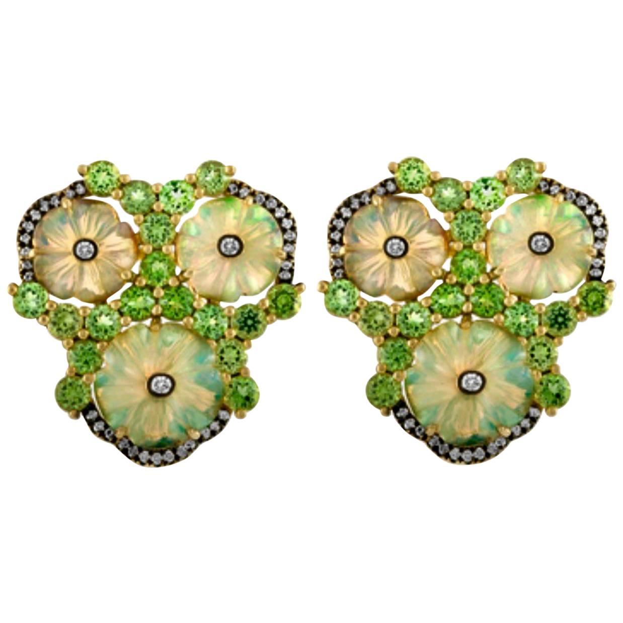 Carved Opal Mint Garnet Diamond Gold Clip Post Earrings