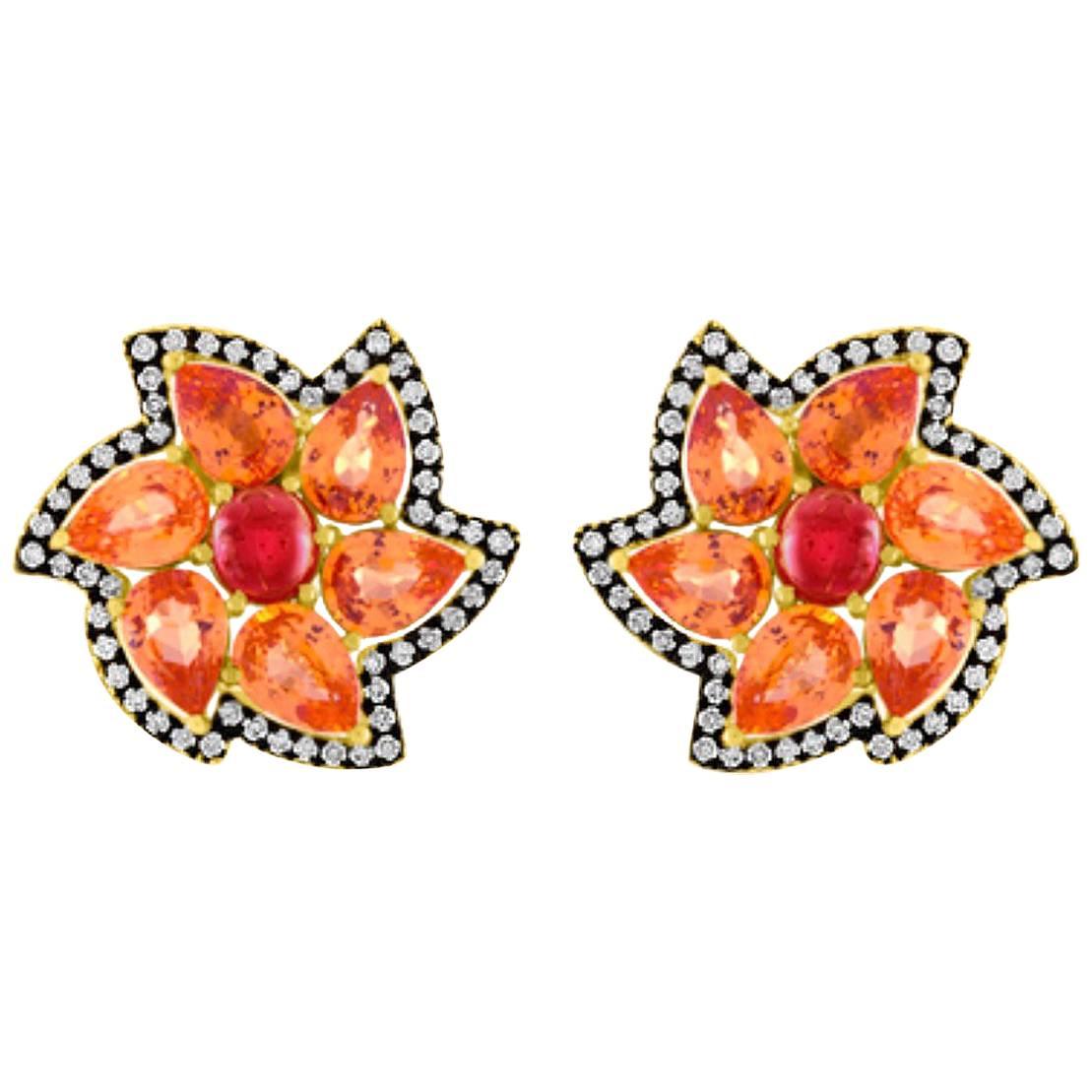 Specitite Garnet Red Spinel Diamond Gold Earrings