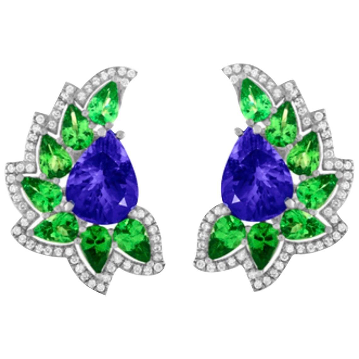 Cresent Moon Tanzanite Mint Green Garnet Diamond Earrings For Sale