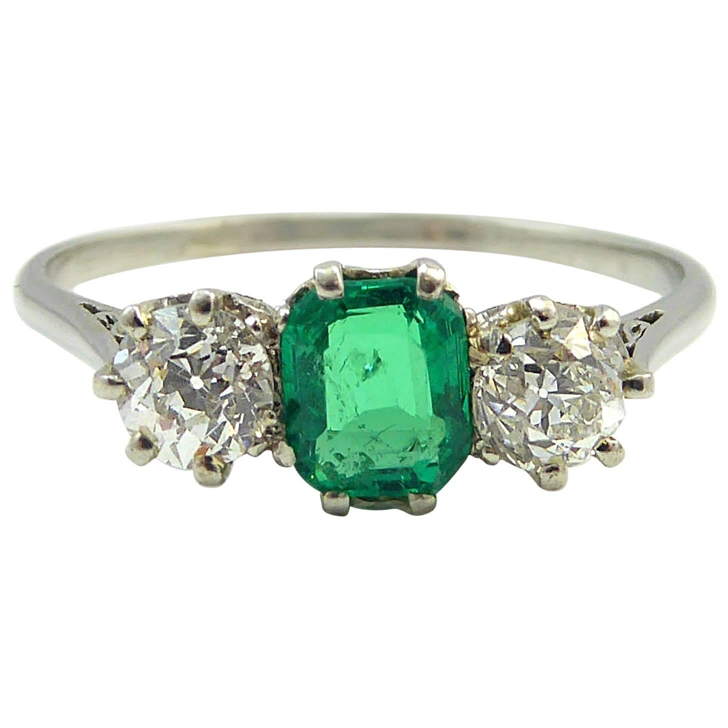 Art Deco Engagement Ring, Emerald Diamond Three-Stone, Platinum