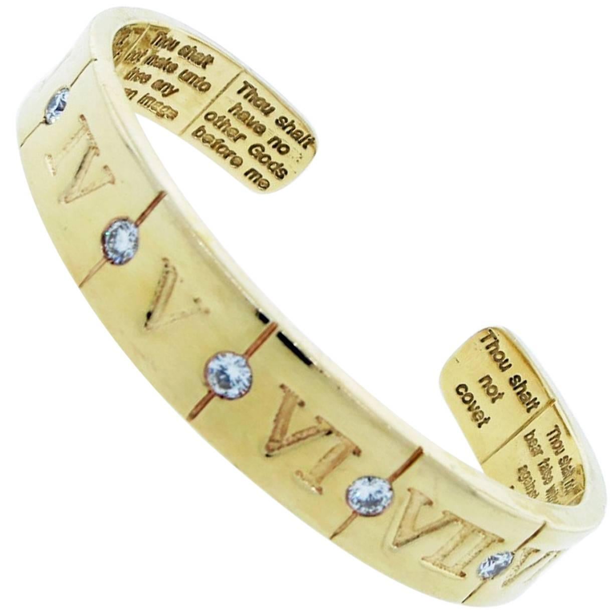 Ten Commandments Diamond Gold Cuff Bracelet For Sale