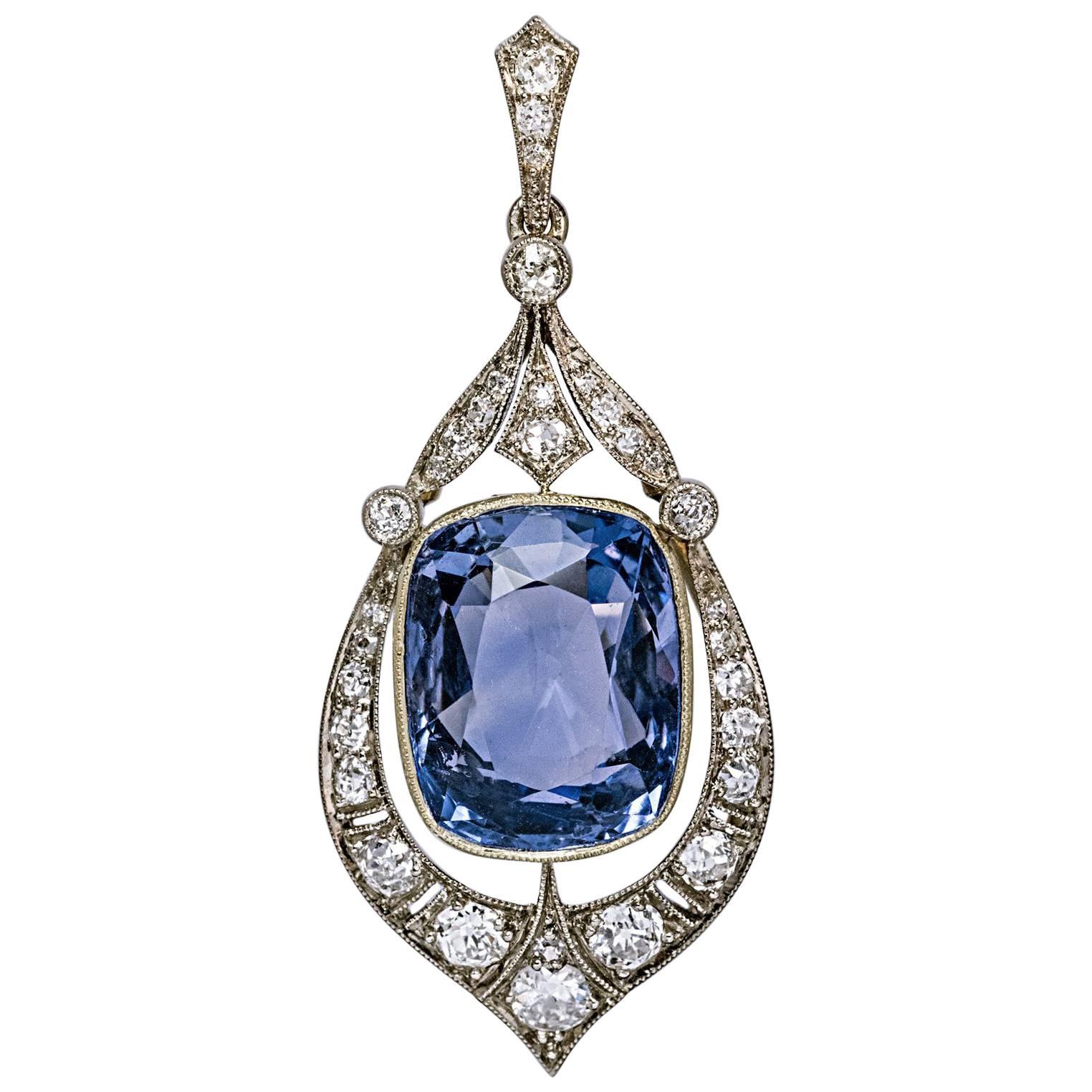 Rare 12.47 Carat Natural Ceylon Sapphire Diamond Art Deco Pendant